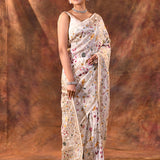 White Floral Embroidered Silk Blend Saree