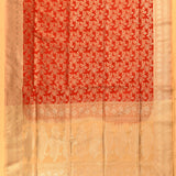 Red & Beige Silver Zari All-Over Leaf Jaal Pure Silk Banarasi Saree With Paisley Pallu