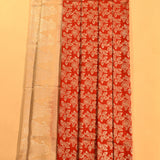 Red & Beige Silver Zari All-Over Leaf Jaal Pure Silk Banarasi Saree With Paisley Pallu