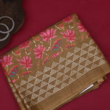 Olive Mustard Ikat-Print Saree With Abstract Floral Motifs And Sequin Border