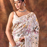 White Floral Embroidered Silk Blend Saree