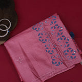 Dusty Rose Pink Tussar Silk Saree With Minimal Diamond Mukaish Butti & Blue Applique Geometric Pallu