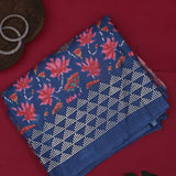 Navy Blue Ikat-Print Saree With Abstract Floral Motifs And Sequin Border