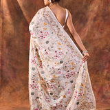 White Floral Embroidered Silk Blend Saree