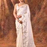 Pastel White Tussar Embroidered Saree