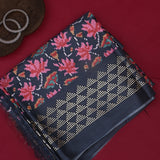 Charcoal Navy Ikat-Print Saree With Abstract Floral Motifs And Sequin Border
