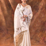 Pastel White Tussar Embroidered Saree