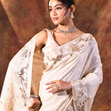 Pastel White Tussar Embroidered Saree