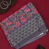Charcoal Grey Ikat-Print Saree With Abstract Floral Motifs And Sequin Border
