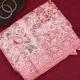 Red & Peach Organza Saree With White Chikankari Style Floral Jaal Print & Gold Zari Border