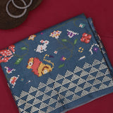 Petrol Blue Ikat-Print Saree With Giraffe Motif And Sequin Border
