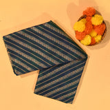 Teal Green & Navy Blue Gold Zari Diagonal Stripe Pure Silk Banarasi Saree With Leaf Motif Pallu