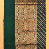 Teal Green & Navy Blue Gold Zari Diagonal Stripe Pure Silk Banarasi Saree With Leaf Motif Pallu