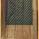 Teal Green & Navy Blue Gold Zari Diagonal Stripe Pure Silk Banarasi Saree With Leaf Motif Pallu