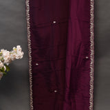 Wine Hand Embroidered Georgette Saree With Mirror Work Border