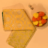 Yellow & Green Gold Zari Floral Jaal Pure Silk Banarasi Saree With Contrast Green Pallu