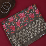 Charcoal Ikat-Print Saree With Abstract Floral Motifs And Sequin Border
