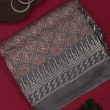 Black Linen Saree With Rust Brown Ajrakh Block Printed Geometric Floral Jaal & Silver Sequin Border