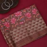 Brown Ikat-Print Saree With Abstract Floral Motifs And Sequin Border