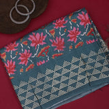 Dark Teal Ikat-Print Saree With Abstract Floral Motifs And Sequin Border