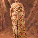 Golden Beige Floral Embroidered Tissue Silk Saree