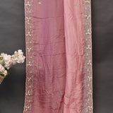 Rose Pink Hand Embroidered Georgette Saree With Mirror Work Floral Border