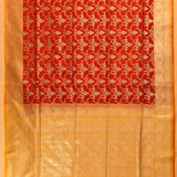 Red & Mustard Silver Zari Floral Jaal Pure Silk Banarasi Saree With Contrast Mustard Pallu