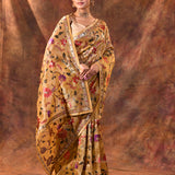 Golden Beige Floral Embroidered Tissue Silk Saree