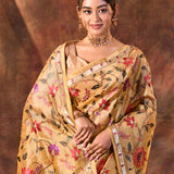 Golden Beige Floral Embroidered Tissue Silk Saree