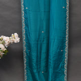 Teal Hand Embroidered Saree With Mirror Work Floral Border