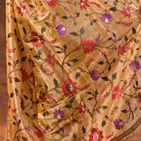 Golden Beige Floral Embroidered Tissue Silk Saree
