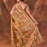 Golden Beige Floral Embroidered Tissue Silk Saree