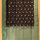 Black & Teal Gold Zari Floral Butti Pure Silk Banarasi Saree With Contrast Teal Pallu