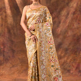 Golden Beige Floral Embroidered Tissue Silk Saree