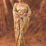 Golden Beige Floral Embroidered Tissue Silk Saree