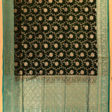Dark Green & Teal Gold Zari Floral Butti Pure Silk Banarasi Saree With Contrast Teal Pallu