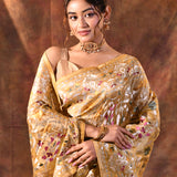Golden Beige Floral Embroidered Tissue Silk Saree