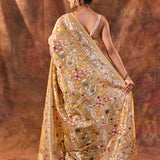 Golden Beige Floral Embroidered Tissue Silk Saree
