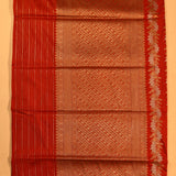 Red Dual Tone Silver & Gold Zari Horizontal Floral Stripe Pure Silk Banarasi Saree