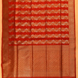 Red Dual Tone Silver & Gold Zari Horizontal Floral Stripe Pure Silk Banarasi Saree