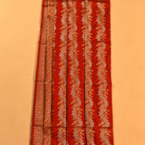 Red Dual Tone Silver & Gold Zari Horizontal Floral Stripe Pure Silk Banarasi Saree
