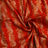 Red Dual Tone Silver & Gold Zari Horizontal Floral Stripe Pure Silk Banarasi Saree