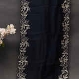 Navy Blue Organza Saree With Hand Embroidered Leaf Motif Border And Stone Work