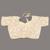 Beige Organza Saree With Heavy Hand Embroidered Pearl Floral Corner Motif