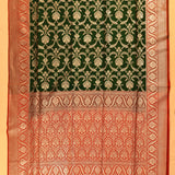 Dark Green & Red Gold Zari Floral Jaal Pure Silk Banarasi Saree With Contrast Red Pallu