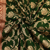 Dark Green & Red Gold Zari Floral Jaal Pure Silk Banarasi Saree With Contrast Red Pallu