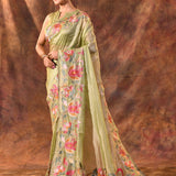 Soft Green Floral Embroidered Tissue Silk Saree