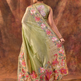 Soft Green Floral Embroidered Tissue Silk Saree