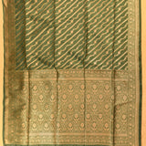 Sage Green Gold Zari Diagonal Stripe & Floral Butti Pure Silk Banarasi Saree With Dense Oval Jaal Pallu