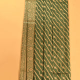 Sage Green Gold Zari Diagonal Stripe & Floral Butti Pure Silk Banarasi Saree With Dense Oval Jaal Pallu